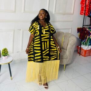 Black gold fringe gown